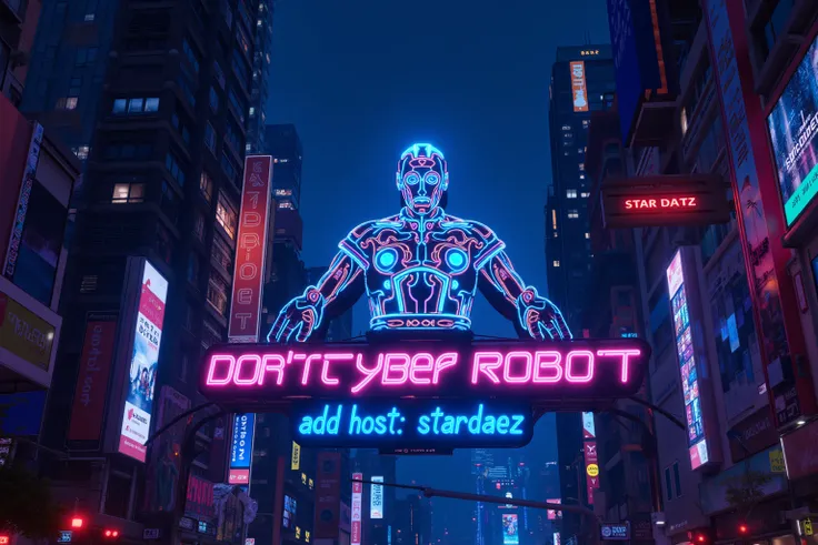 Rainbow neon cyber robot sign in Cyber City that says "ADD HOST: STARDAEZ"