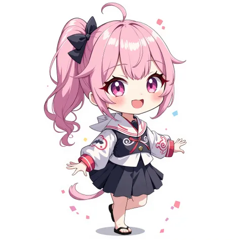 ( chibi:1.4), chibi character, chibi style, toe, (cwhite background:1.4),full body,masterpiece, high quality, 4K, HDR,, A girl with frills, anime style, Ninja、 with a cheerful smile、 open your mouth wide、 simple background、Japanese style、Small hands、 pony...