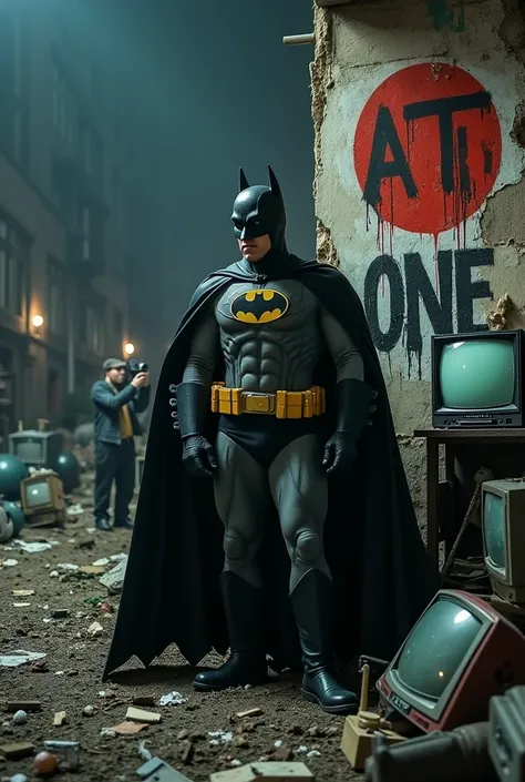 In the destroyed city of Gotham, At night is Batman from 1966 in a junkyard full of garbage and where there are old televisions with a lot of broken 80s radio tapes,  and there is a shattered wall with a graffiti mural that puts the word ATO in capital let...