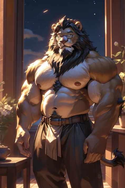 1boy, 1man, solo,  (furry barbary lion), (face, detailed face, bearded, white beard, thick mustache), (glasses), home, night, naked body, sexy pose, well-muscled old man. ((Big muscle size, super thick arms, huge pec, bigger chest, extremely wide pectoral ...