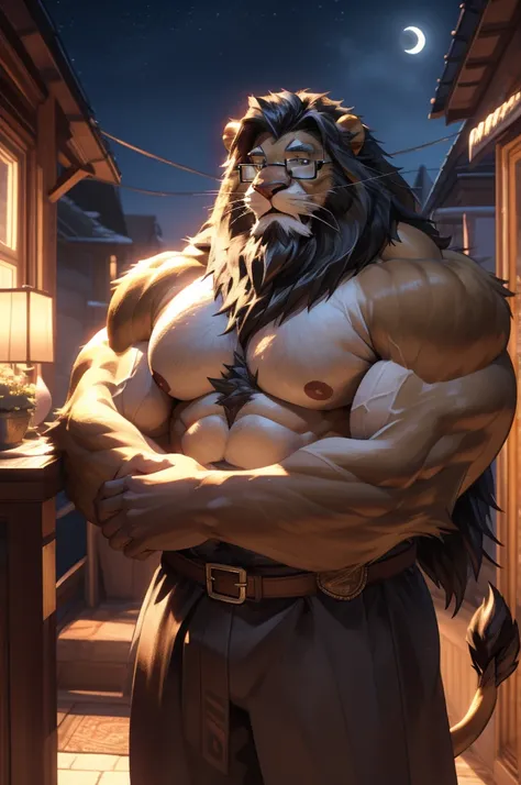 1boy, 1man, solo,  (furry barbary lion), (face, detailed face, bearded, white beard, thick mustache), (glasses), home, night, naked body, sexy pose, well-muscled old man. ((Big muscle size, super thick arms, huge pec, bigger chest, extremely wide pectoral ...