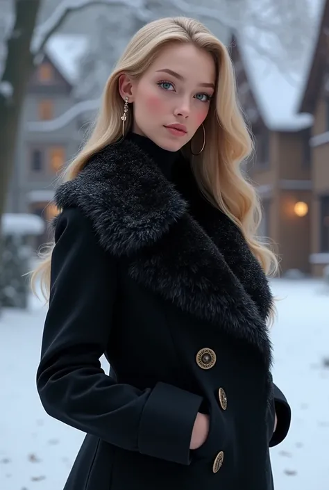 Draw a Disney princess in a short black but elegant coat with fur around her neck