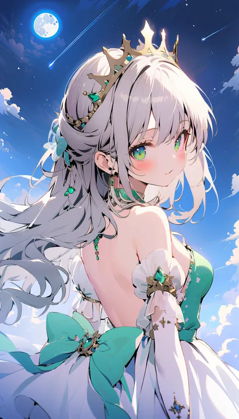 1girl, solo, long hair, looking at viewer, blush, green eyes, grey hair, outdoors, elbow gloves, looking back, cloud, white gloves, puffy short sleeves, crown, tiara, star (sky), night sky, full moon, starry sky, backless outfit, back bow, backless dress, ...