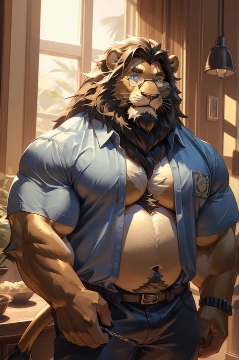 1boy, 1man, solo,  (furry barbary lion), (face, detailed face, bearded, white beard, thick mustache), (glasses), home, night, naked, well-muscled adult man. ((extremely muscle size, super thick arms, huge pec, hyper pec, bigger chest, extremely wide pector...