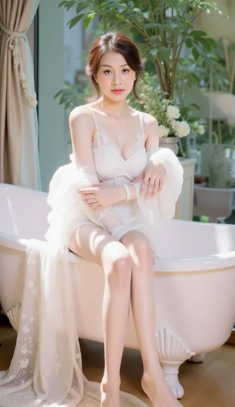 a young woman sitting elegantly on the edge of a white vintage bathtub. She is wearing a delicate white lace outfit with sheer, flowing sleeves, and the fabric drapes gracefully onto the floor. Her hair is styled in a loose, elegant updo adorned with small...