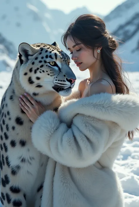 (photorealism:1.2), beautiful woman, furry character, snow leopard, big breast, big coat over the shoulder