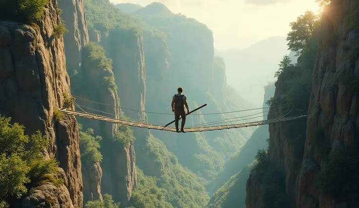 A realistic depiction of a man walking on a tightrope stretched between two towering cliffs over a deep chasm, balancing with a long pole. The scene is set in summer, with bright sunlight casting warm tones on the rugged rock faces and the lush greenery in...