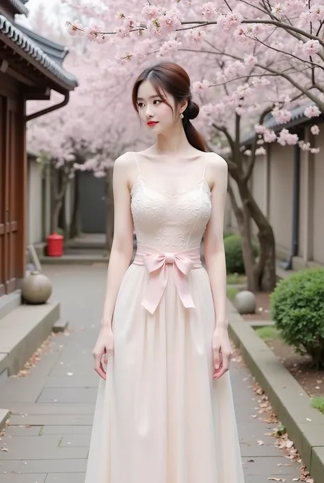 a woman standing elegantly in an outdoor setting adorned with cherry blossoms. She is wearing a fitted, ivory-colored gown featuring delicate floral lace details on the bodice and a soft pink bow around her waist. The dress has thin straps and flows gracef...