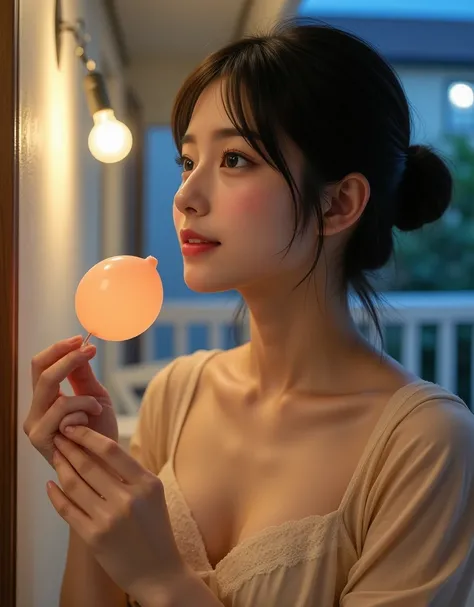 (Profile of a super cute Korean female college student looking at the night view while inflating chewing gum balloons:1.2)(Grinning,smile:1.1)(Beautiful Tears:1.1)(16k,  RAW photos ,  top quality, masterpiece: 1.2),(A cute bun hairstyle with shiny black ha...