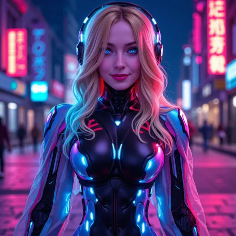 Extremely beautiful standing comic book woman who is sexy and has a sexy smile and is a half rainbow luminescent full body robot woman with long wavy blonde hair and glowing blue eyes. Neon Cyber robot suit. Big shiny pouty lips and very long eyelashes. Sh...