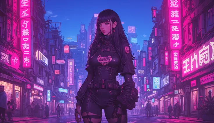  top quality　Ultra delicate　Japanese anime anime　 one pretty girl　Pink light　blue-purple scenery 　 The downtown area of the future　Strong shadows 　 strong contrast 　 cyberpunk　Big Breasts