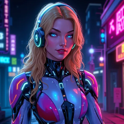 Extremely beautiful standing comic book woman who is sexy and has a sexy smile and is a half rainbow luminescent full body robot woman with long wavy blonde hair and glowing blue eyes. Neon Cyber robot suit. Big shiny pouty lips and very long eyelashes. Sh...