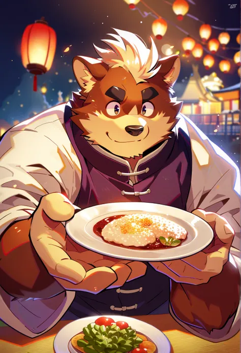 (Single:1.5),  a male anthropomorphic dog, Tsuchigu,  muscular,  black eyes ,  black eyebrows,  Brown Fur , Hairy, Standing,  grins , Carrying a plate, night, CNY, New Year&#39;s Eve Dinner, background:dining table,  Hearty Meals , Red Lantern, Chinese cou...