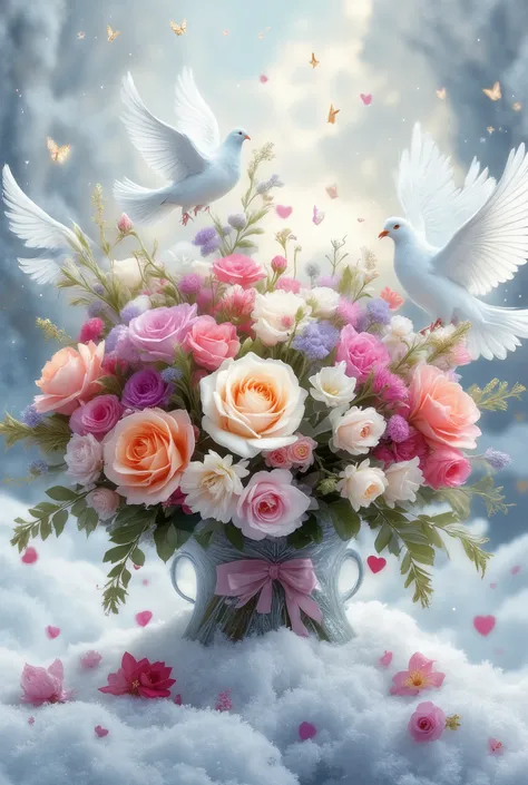 A beautiful bouquet of flowers is very beautiful with snow-white pigeons flying in the background, beautiful cute hearts and butterflies , masterpiece, 8 k, best quality, complicated details, maximum number of details, wallpaper, beautiful,