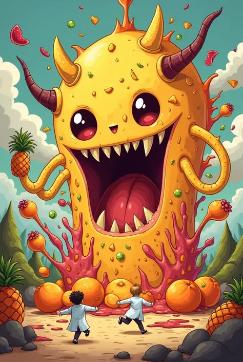 ChatGPT

You said that:
 Gen The picture of the exploding yeast demon comes from inside its body, and inside it explodes, there are fragments of fruit, oranges, passion fruit, pineapple. Ask for a split of the demon's body, a real split of the demon's body...