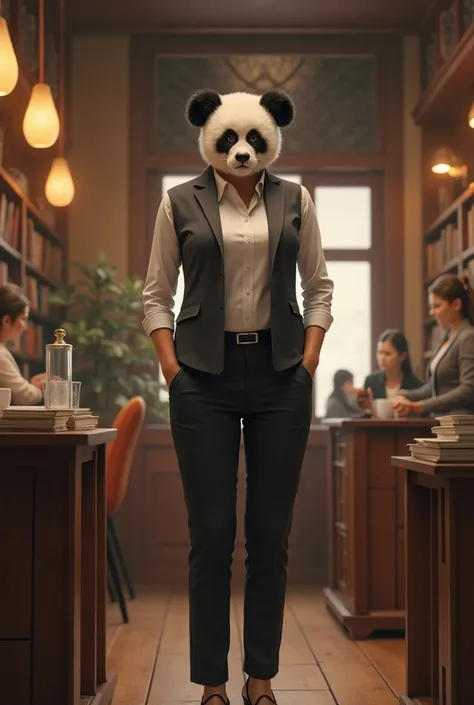 tall office worker　She has a serious face and panda ears on her head　The background is a coffee shop