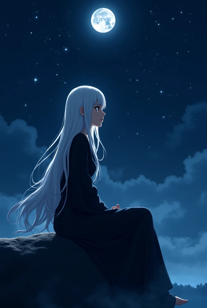 Picture of  old girl, sitting on a rock,  night facing right,  long white-haired ,  wearing black robes, anime graphics 