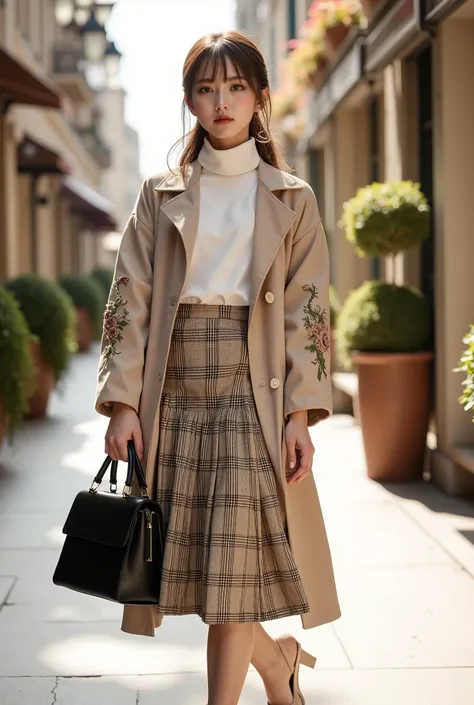 masterpiece, ultra-detailed, photorealistic depiction, cinematic lighting, vibrant and soft color palette, a stylish young woman standing confidently in a serene, sunlit urban street. She is wearing a modern and elegant outfit featuring a white high-neck t...