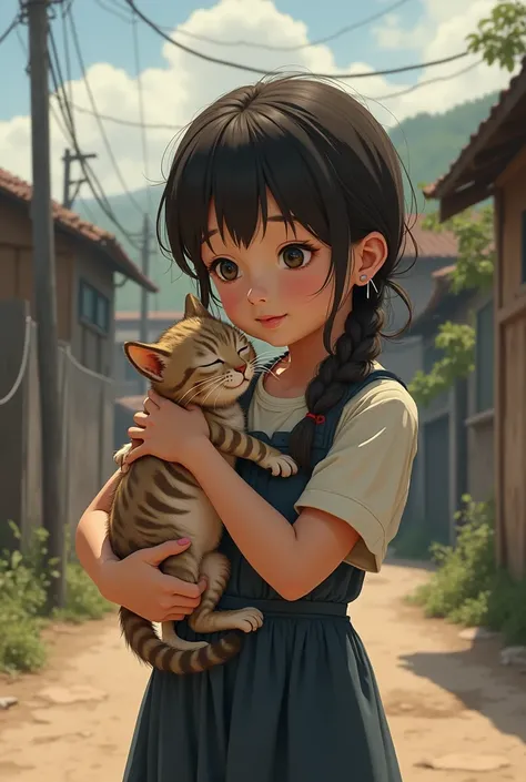 A girl picks up a skinny cat  and takes it home in her arms.