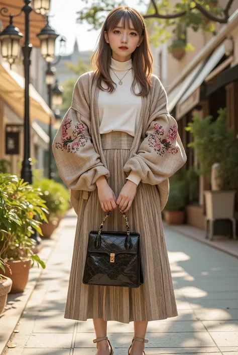 masterpiece, ultra-detailed, photorealistic depiction, cinematic lighting, vibrant and soft color palette, a stylish young woman standing confidently in a serene, sunlit urban street. She is wearing a modern and elegant outfit featuring a white high-neck t...