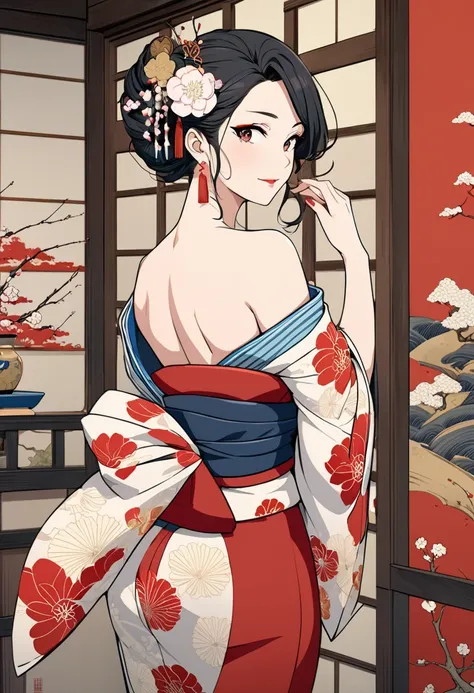 Anime, 8K quality, a work of art, perfectly anatomy correct, beautiful mature woman, kimono, ukiyo-e style, sidelong glance, sex appeal, mature charm, perfect make-up, looking back.