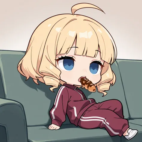 from side, Chibi Character, Solo, a girl, blonde, short hair, ahoge, drill hair, blunt bangs, blank stare, blue eyes, slant eyes, narrow eyes, open mouth, Hold the Chocolate Cornet in your mouth, wearing a maroon sportswear, maroon sportswear long pants, o...