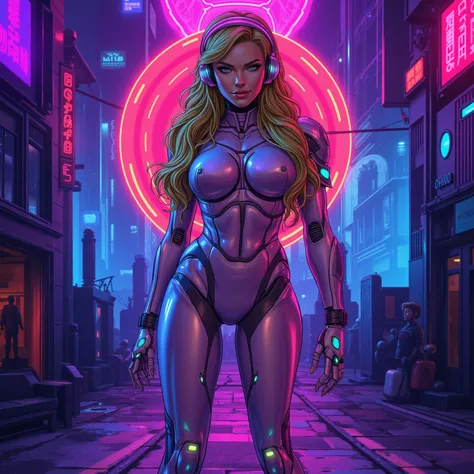 Extremely beautiful standing comic book woman who is sexy and has a sexy smile and is a half rainbow luminescent full body robot woman with long wavy blonde hair and glowing blue eyes. Neon Cyber robot suit. Big shiny pouty lips and very long eyelashes. Sh...