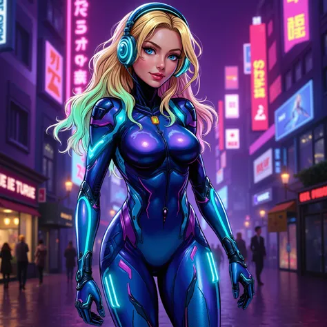 Extremely beautiful standing comic book woman who is sexy and has a sexy smile and is a half rainbow luminescent full body robot woman with long wavy blonde hair and glowing blue eyes. Neon Cyber robot suit. Big shiny pouty lips and very long eyelashes. Sh...