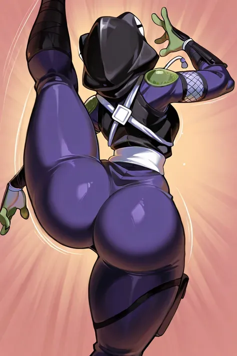 Anthropomorphic frog, Female frog ninja, ninja hood, wearing ninja clothes, sexy, thin waist, wide hips, tight clothing, large booty, jumpsuit, one leg up pose, bouncing butt, back view, rear view