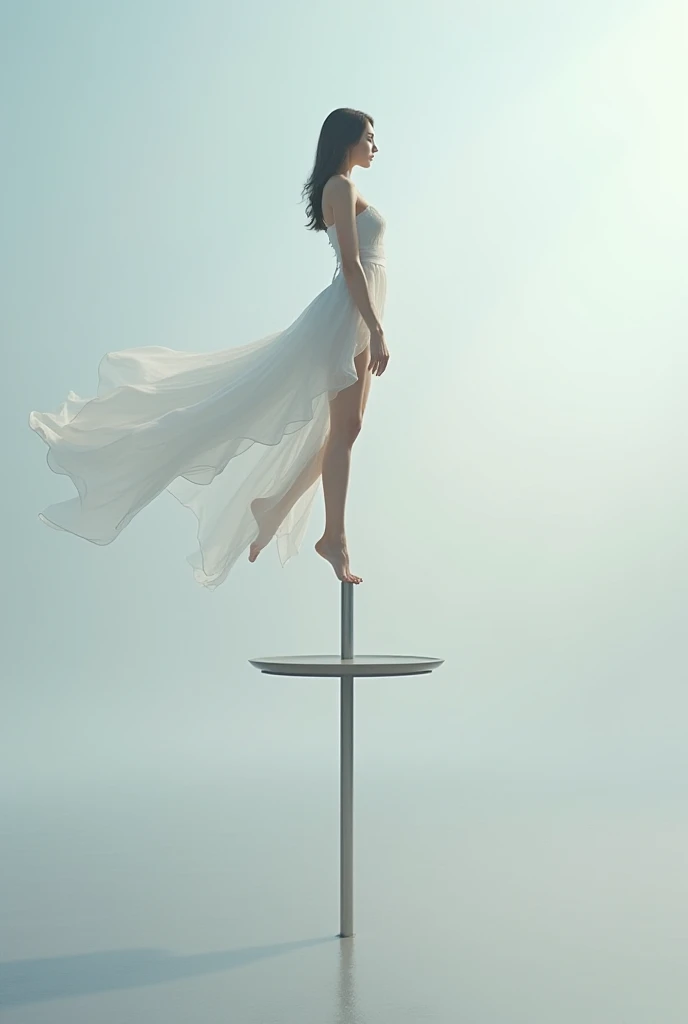 The princess sits on a tall, thin pole.  translucent dress . Legs on either side of the pole