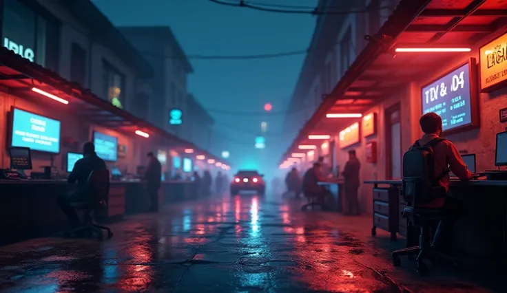  Make the gamer , trader, lights and large graphics in the background  ; just the scenery ;  scenario look animated as if it were drawn ,creating some scenarios like the fourth gamer in the background; Or garage front; Wide view scenery; 16k; Animation 