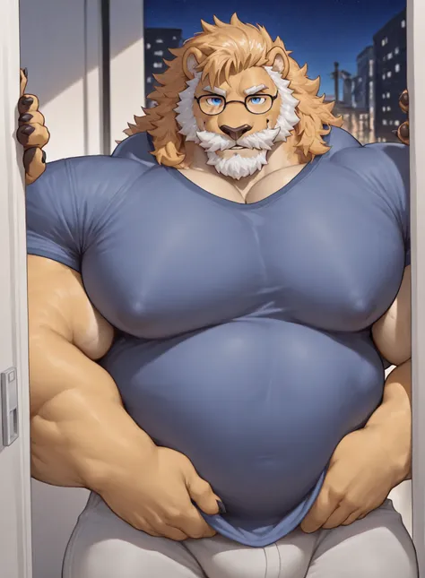 1boy, 1man, solo,  (furry barbary lion), (face, detailed face, bearded, white beard, thick mustache), (glasses), home, night, naked, well-muscled adult man. ((extremely muscle size, super thick arms, huge pec, hyper pec, bigger chest, extremely wide pector...