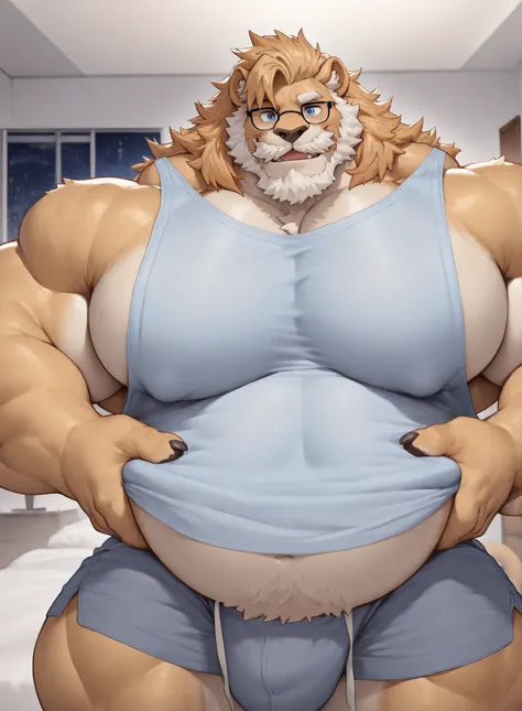 1boy, 1man, solo,  (furry barbary lion), (face, detailed face, bearded, white beard, thick mustache), (glasses), home, night, naked, well-muscled adult man. ((extremely muscle size, super thick arms, huge pec, hyper pec, bigger chest, extremely wide pector...