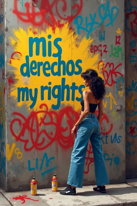 Generate graffiti on wall, woman painting with the word MIS DERECHOS