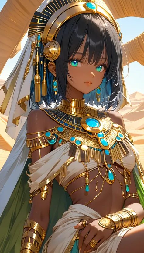  Cyberエジプト女王。Machine Girl。black bob cut 。Egyptian Clothes 。 Cyberアーマー。Mechanical Arm。 supine 。 Cyberピラミッド。 desert。Gold decoration。 brown skin。 light blue eyes。 Headdress 。ring clothes。green cloak。 Cyber