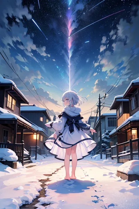  high quality, 最 high quality,  cute, dirty ,sweat,,snow,Backstreets,  upper eye care,  Small Boobs,delicate,  Silver Hair, dirty tattered dress,  barefoot,winter,dim,  knight ,  nothing ,poor,poor,cloudy,  diverts gaze, View from the back ,  darkness、Mete...