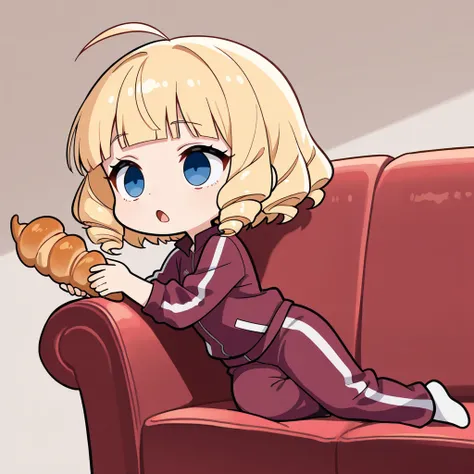 from side, Chibi Character, Solo, a girl, blonde, short hair, ahoge, drill hair, blunt bangs, blank stare, blue eyes, slant eyes, narrow eyes, open mouth, holding a Chocolate Cornet, wearing a maroon sportswear, maroon sportswear long pants, on couch, 
cut...