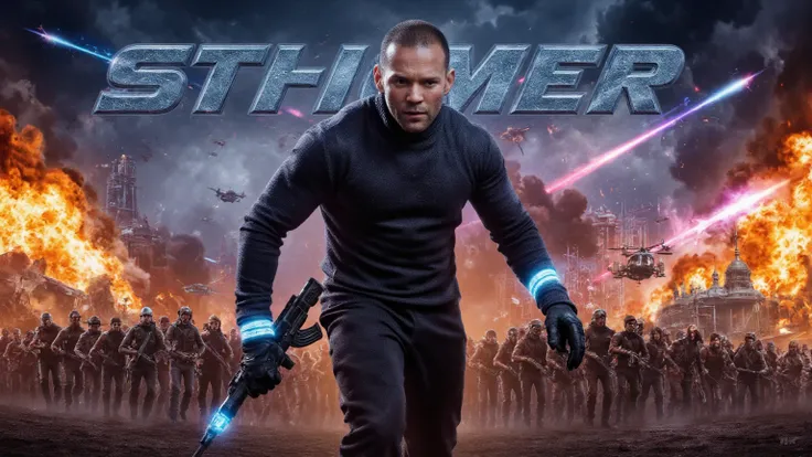 Dynamic movie poster, ultra-realistic cinematic style. Central figure: Will Smith as a fearless action hero, wearing a tactical black armored suit with glowing neon accents. He’s in mid-action pose, holding a high-tech weapon (futuristic rifle or energy bl...