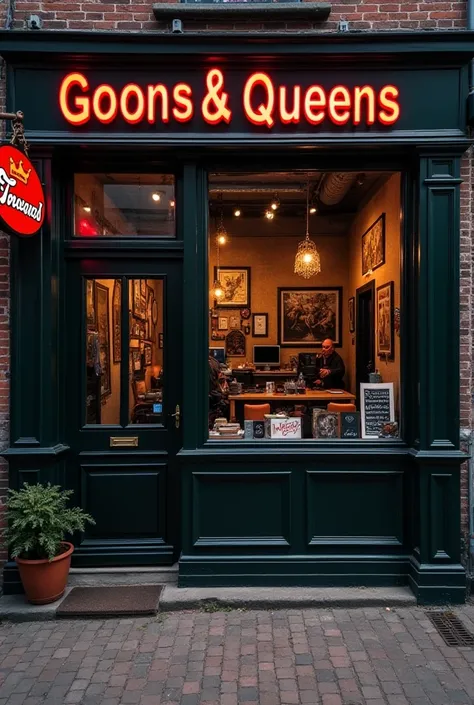 Photo of a realistic tattoo studio that says Goons & Queens that has your story written on it, our ink. That the type logo is mafia and that it has a harmony of tattoo artists and suspense that represents a mafia tattoo studio with type logo and that the t...