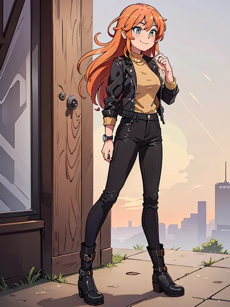 sunset shimmer, girl with smile, hair, slim black sweater, leather zipper jacket, pants, boots.