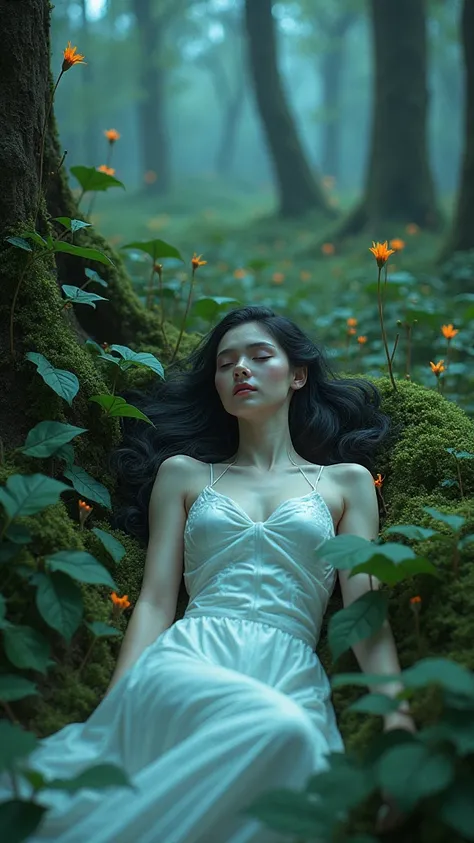 snow white、Futuristic、woman、 sleep 、forest