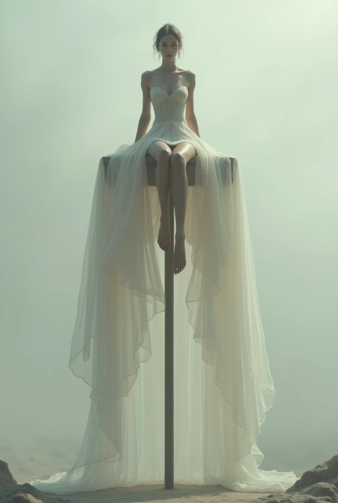 The princess sits at the end of a tall, thin pole facing the camera.  legs spread. The pole goes under the dress between the legs.  translucent dress 