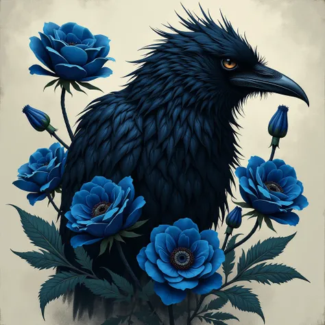 A drawing of a sullen and ruffled crazy disheveled crow, which is placed on a background of black poppies and blue roses and can be used to create a tattoo.