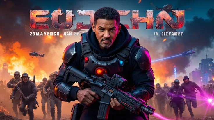 Dynamic movie poster, ultra-realistic cinematic style. Central figure: Will Smith as a fearless action hero, wearing a tactical black armored suit with glowing neon accents. He’s in mid-action pose, holding a high-tech weapon (futuristic rifle or energy bl...