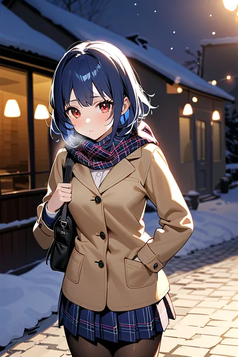 1 girl, masterpiece,  high resolution, Short-haired high school girl with blue hair and red eyes, A high school girl walking home on a chilly winter night in a quiet residential neighborhood. She is wearing a cozy winter school uniform consisting of a navy...