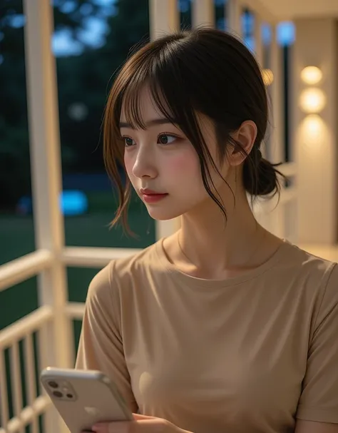 ( Portrait of a super cute Korean female college student looking at the night view while taking a selfie with her smartphone:1.2)(Grinning,smile:1.1)(Beautiful Tears:1.1)(16k,  RAW photos ,  top quality, masterpiece: 1.2),(A cute bun hairstyle with shiny b...