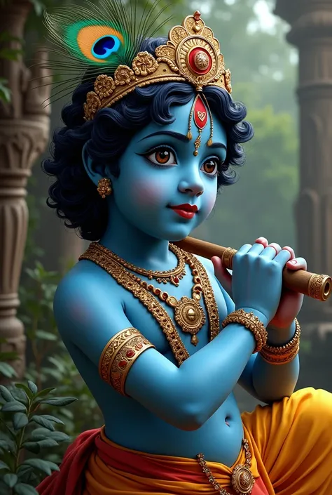 Shree krishna as youth with his body blue in colour and well defined face a flute in his hand, peacock feather on his head, detailed, 