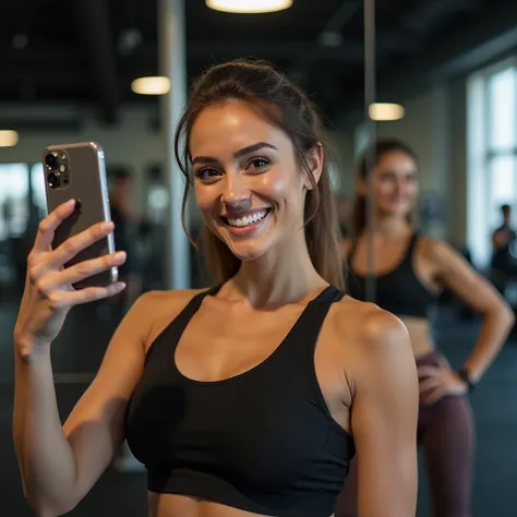  Brunette Instagram influencer ,  take a selfie in the gym mirror, Using an iPhone 15 Pro Max ,  charming smile,  working out,  a couple of people in the background 