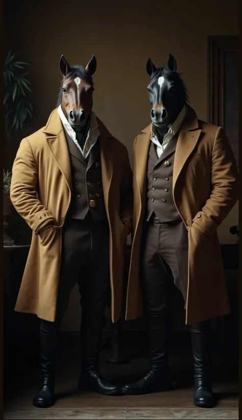 "Two humanoid horse figures with realistic, well-defined horse heads, standing side by side in a vintage Victorian-era room. They are dressed in elegant, old-fashioned brown overcoats, layered over dark waistcoats, white collared shirts, and black trousers...