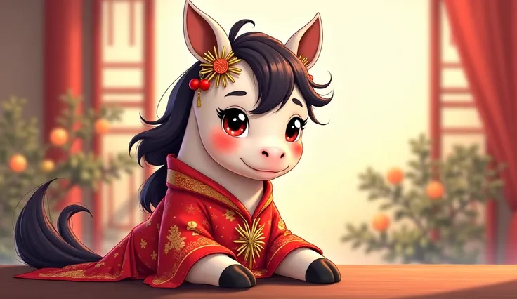 The background is a ，half-body close-up lens，A cute wild horse in a Chinese costume sits at the table，Chinese style，cute cartoon illustration， story with pictures ，Anime style